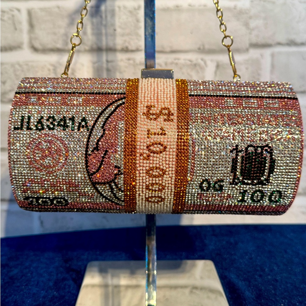 Pink Rhinestone Money Roll Clutch Purse Pearl Handle & Gold Chain